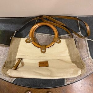 Relic Two Tone Canvas Tote / Crossbody w/ Round Wooden Handle Tan Cream 4x13x9